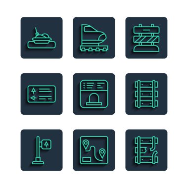 Yol trafik levhası, güzergah konumu, kırık raylar, rayların sonu, bilet almak için bilet ofisi, yiyecek ve demiryolu tabelaları, demiryolu ikonu. Vektör