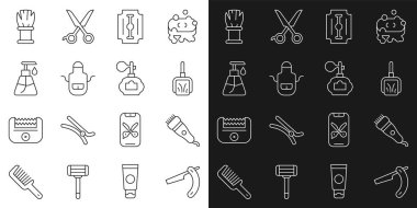 Düz çizgi, elektrikli saç makası, faraş, bıçak, berber önlük, krem kozmetik tüp, tıraş fırçası ve tıraş losyonu. Vektör