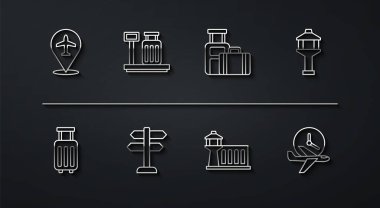 Uçak, bavul, havaalanı kontrol kulesi, trafik işareti, bavullu ölçek, uçuş zamanı ve simgesi. Vektör