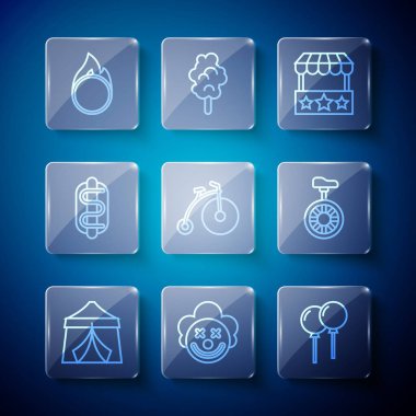 Sirk çadırı, palyaço kafası, kurdeleli balonlar, bilet gişesi, klasik bisiklet, Hotdog sandviçi, ateş çemberi ve tek tekerlekli bisiklet ikonu. Vektör