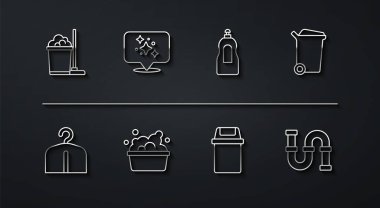 Hat paspas ve kova, gardırop, çöp tenekesi, sabun köpüklü leğen, ev temizleme servisi, endüstriyel metalik pipo ve bulaşık deterjanı. Vektör