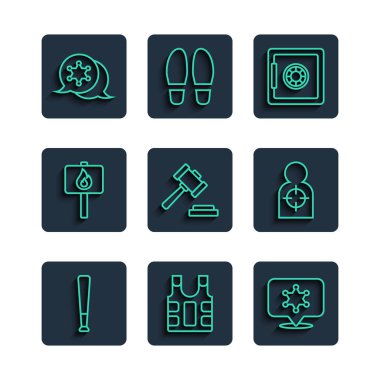 Beyzbol sopası, kurşun geçirmez yelek, Hexagram şerifi, Güvenli, Yargıç Tokmak, Protesto ve ikon vurmak için insan hedef sporu. Vektör