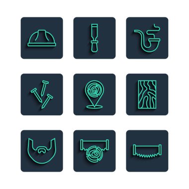 Bıyık ve sakal, iki el testeresi, sigara piposu, tahta kütükler, metal çiviler, işçi kaskı ve kiriş simgesi. Vektör