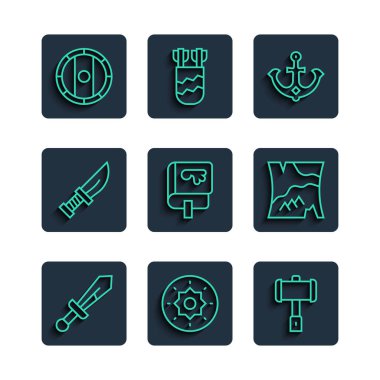 Orta Çağ kılıcı, Kalkan Viking, Savaş Çekici, Çapa, Viking kitabı, Hançer ve Katlanmış Harita ikonu. Vektör