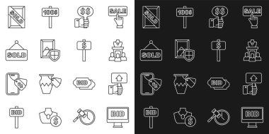 Online açık arttırma, el ele tutma, açık arttırma mücevher satışı, resim, satış ve ikon. Vektör