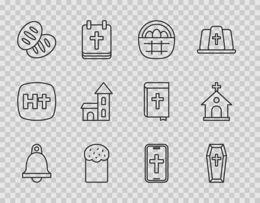 Kilise çanı, Tabut, Paskalya yumurtalı sepet, Paskalya pastası, Hıristiyan ekmeği, bina, telefon ve ikon. Vektör