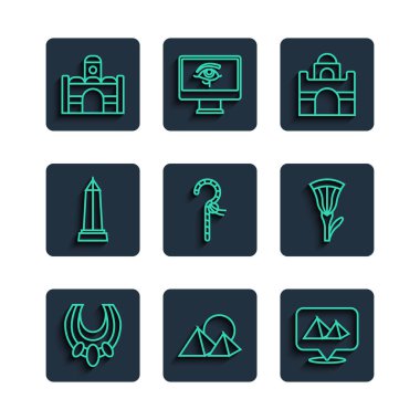 Mısır gerdanlığı, piramitler, ev, Crook, İskenderiyeli Obelisk ve nilüfer ikonu. Vektör