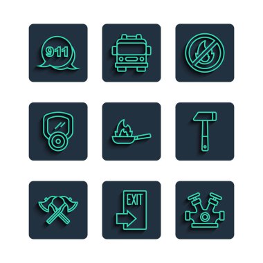 İtfaiyeci baltası, çıkış, yangın söndürme vanası, yangın yok, Pan 'la, gaz maskesiyle, 911' i ve Hammer ikonunu arayın. Vektör