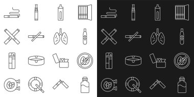 Vape sıvı şişesi, tütün yaprağı, elektronik sigara, sigara, sigara ve akciğer ikonu yok. Vektör