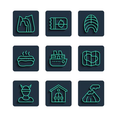 Viking hattı başı, Çiftlik evi, Volkan, Balık bifteği, Yolcu gemisi, Hotdog sandviçi, Şelale ve İzlanda haritası. Vektör