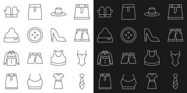 Çizgi, kravat, mayo, kısa pantolon, erkek şapkası, dikiş düğmesi, Beanie, Noel eldiveni ve kadın ayakkabı ikonu. Vektör