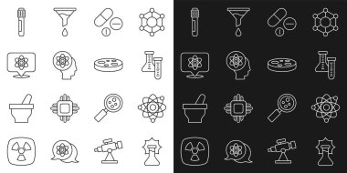 Matara, Atom, Test tüpü, İlaç hapı ya da tablet ve bakteri ikonlu Petri kabına hat patlayıcısını yerleştir. Vektör