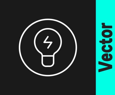 Siyah arka planda izole edilmiş fikir ikonu kavramına sahip beyaz çizgi lambası. Enerji ve fikir sembolü. İlham konsepti. Vektör