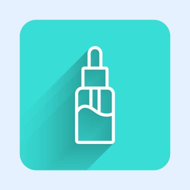 Elektronik sigara ikonu için beyaz çizgi Vape sıvı şişe uzun gölge arkaplan izole. Yeşil kare düğmesi. Vektör