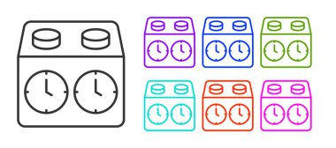 Siyah çizgi satranç saati simgesi beyaz arkaplanda izole edildi. Spor malzemeleri. Simgeleri renklendirin. Vektör