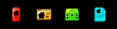 Online emlak evi, House ve sözleşme ikonu ayarla. Vektör.