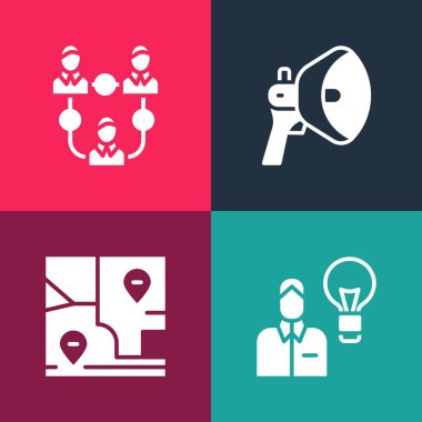 Pop Art Human 'ı lamba ampulü, katlanmış harita konumu, megafon ve Proje ekibi ikonu ile ayarla. Vektör.