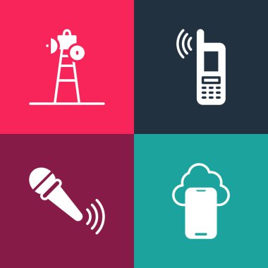 Pop Art Cloud teknoloji verilerini, kablosuz mikrofonu, kablosuz kablosuz cep telefonunu ve uydu çanak ikonunu ayarla. Vektör