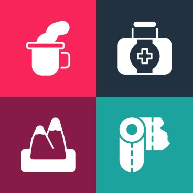 Popüler kağıt havlu rulosunu dağları, ilk yardım çantasını ve çay ikonunu hazırla. Vektör