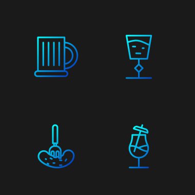 Kokteyl, çatalda salatalık turşusu, tahta bira bardağı ve şarap bardağı. Renk simgeleri. Vektör