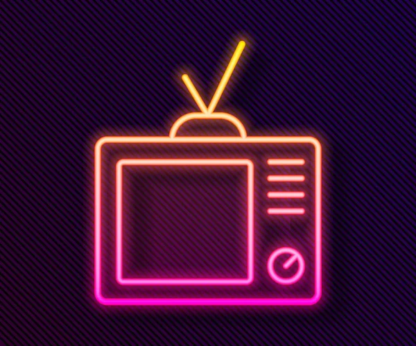 Parlayan neon hattı Retro TV simgesi siyah arkaplanda izole edildi. Televizyon tabelası. Vektör