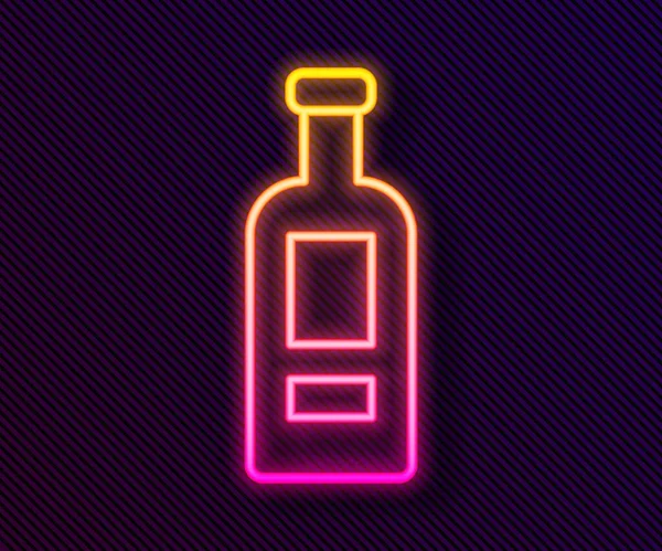 Parlayan neon hattı siyah arka planda izole edilmiş cam şişe votka ikonu. Vektör