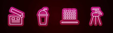 Çizgi film alkışları, samanlı kağıt bardaklar, sinema salonu koltukları ve tripodlar. Parlayan neon ikonu. Vektör