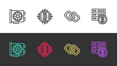 Hat Video Grafik Kartı, İşlemci Madencilik Çiftliği, Zincir Bağlantısı ve Sunucu Bitcoin 'i siyah ve beyaz üzerine ayarla. Vektör