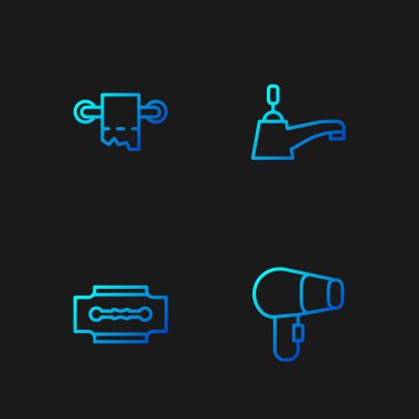 Saç kurutma makinesi, jilet, tuvalet kağıdı rulosu ve musluğu ayarla. Renk simgeleri. Vektör