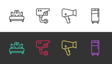 Yatak odası, güvenlik kamerası, saç kurutma makinesi ve buzdolabını siyah beyaza ayarla. Vektör