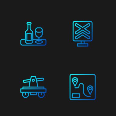 Rotayı ayarla, Draisine veya el arabası, camlı şarap şişesi ve tren yolu kavşağı. Renk simgeleri. Vektör