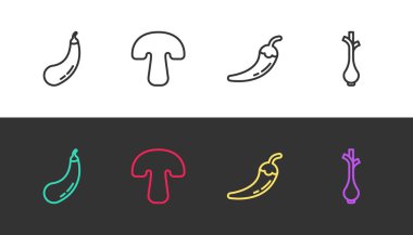 Patlıcan, mantar, acı biber kabuğu ve siyah beyaz taze soğan. Vektör