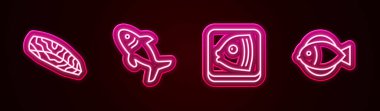 Balık bifteği, köpekbalığı, kafa ve... Parlayan neon ikonu. Vektör