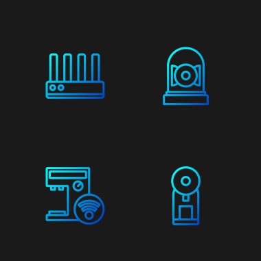 Akıllı kahve makinesi, Router, wi-fi sinyali ve alarm zilini ayarla. Renk simgeleri. Vektör