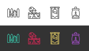 Bahçe çiti ahşap, kale, giyotin ve kamp fenerini siyah beyaz üzerine koyun. Vektör