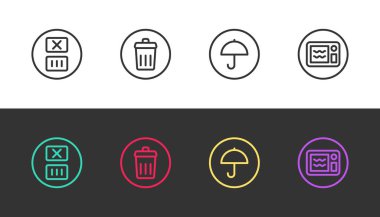 Hat sıcaklığını, çöp tenekesini, şemsiyeli teslimat paketini ve mikrodalga fırını siyah ve beyaza ayarla. Vektör