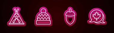 Kızılderili çadırı ya da çadır, Beanie şapkası, meşe palamudu ve Kanada akçaağaç yaprağı. Parlayan neon ikonu. Vektör