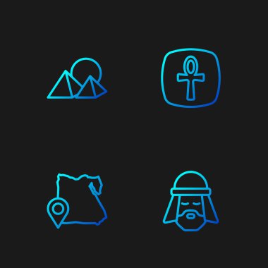 Mısırlı adam, Piramitler ve Haç Ankh haritası. Renk simgeleri. Vektör