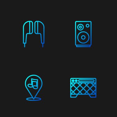 Gitar yükselticisi, konum notası, hava kulaklığı ve ses hoparlörü ayarla. Renk simgeleri. Vektör