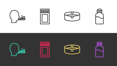 Set adamı sigara içiyor, kibrit kutusu ve kibrit kutusu, kül tablası ve Vape şişesi siyah beyaz. Vektör