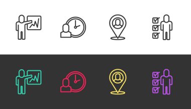 Yöneticilerden oluşan bir ekip lideri, çalışma saati, işçi konumu ve siyah-beyaz üzerinde çalışmaya devam. Vektör