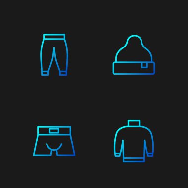 Çizgili süveter, erkek iç çamaşırı, pantolon ve şapka. Renk simgeleri. Vektör