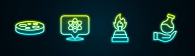 Petri kabını bakteri, Atom, alkol veya ruh yakıcı ve test tüpüyle ayarla. Parlayan neon ikonu. Vektör