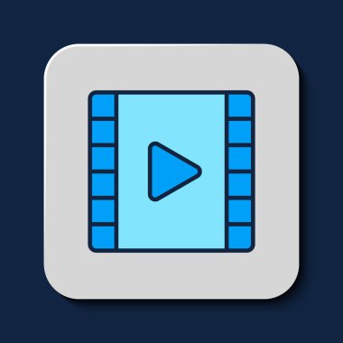 Doldurulmuş ana hatlı Play Video simgesi mavi arkaplanda izole edildi. Oyun işaretli film şeridi. Vektör