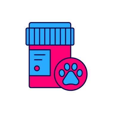 Beyaz arka planda izole edilmiş ana hatlı köpek ilacı ikonu. İçinde haplar olan konteynır. Hayvan için reçeteli ilaç. Vektör