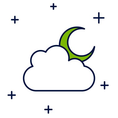 Beyaz arka planda izole edilmiş ay simgesi ile ana hatları doldurulmuş. Bulutlu gece işareti. Uyku rüyalarının sembolü. Gece ya da yatak zamanı tabelası. Vektör