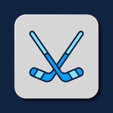 Doldurulmuş ana hatlı buz hokeyi sopaları ikonu mavi arka planda izole edilmiş. Vektör