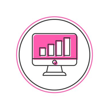 Filled outline Computer monitor with graph chart icon isolated on white background. Report text file. Accounting sign. Audit, analysis, planning.  Vector