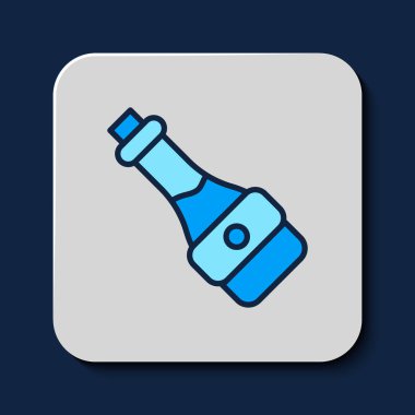 Mavi arka planda izole edilmiş ana hatlı Soya sosu şişesi ikonu. Vektör