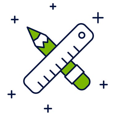 Beyaz arkaplanda izole edilmiş çapraz çizgili cetvel ve kalem simgesi. Düz sembol. Çizim ve eğitim araçları. Vektör